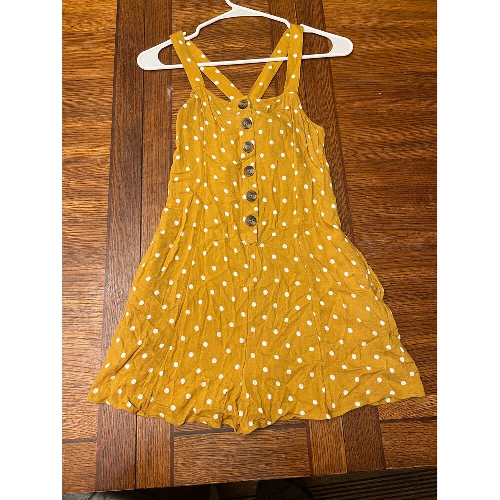 American Eagle Mustard Yellow Polka Dot Romper XS Button Front Cross Back Summer - Picture 10 of 11
